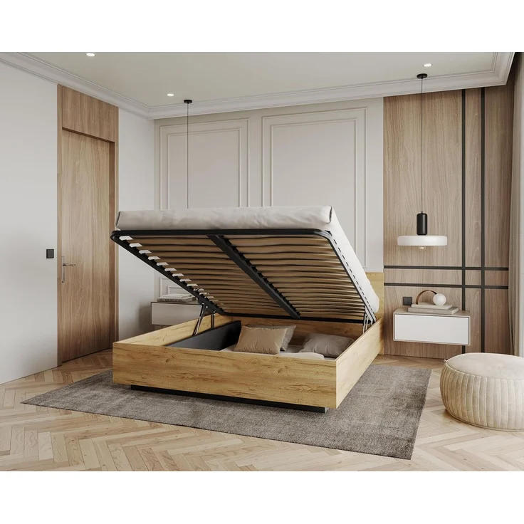 FDM Stauraumbett moderner Bettrahmen Doppelbett 120x200, 140x200, 160x200, 180x200cm (MADE IN EU - mit klappbaren Bettkasten für viel Stauraum, Bett in Schwebeoptik - in Grau, Weiß oder Natur), Metallrahmen mit hydraulischer Klappfunktion für mehr Stau... – Bild 5