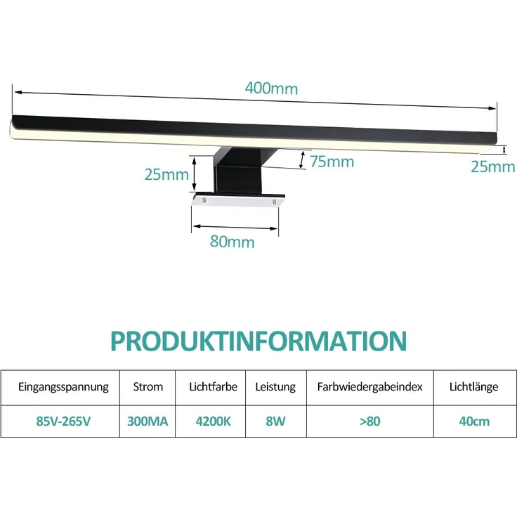 EMKE Spiegelleuchte LED Spiegelleuchte 40cm Spiegellampen für Badezimmer IP44 Schrankleuchte, Schwarz, Neutral Licht 4200K – Bild 5