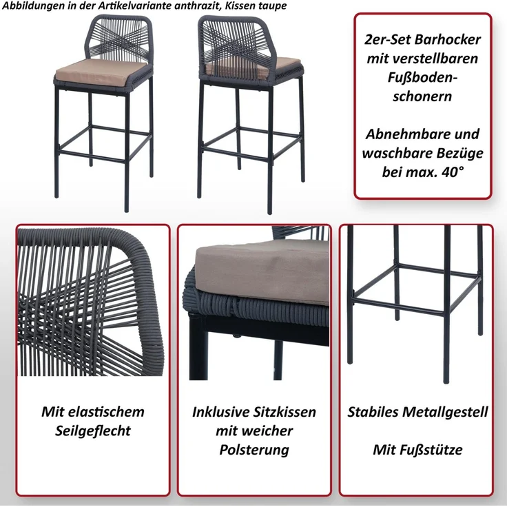 2er-Set Rope-Barhocker HWC-O21, Outdoor Sitzpolster Seilgeflecht Metall ~ hellgrau, Kissen dunkelgrau – Bild 2