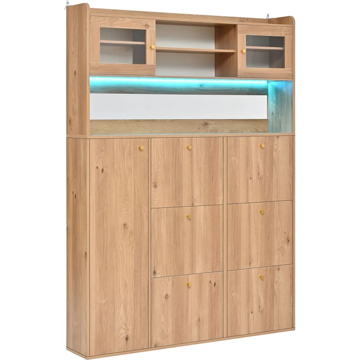 ZUBALIYA Schuhschrank (130 x 25 x 180 cm), 6 Klappfächer, LED - Beleuchtung, Stauraum für Flur und Eingangsbereich, Naturfarben – Bild 9