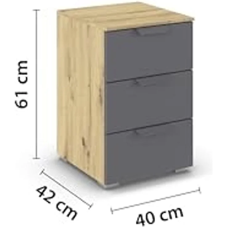 rauch Aditio Box, Nachttisch, 3 Schubladen, mit Softclose-Funktion, Farbe Grau metallic/Eiche Artisan, BxHxT 40x61x42cm – Bild 3