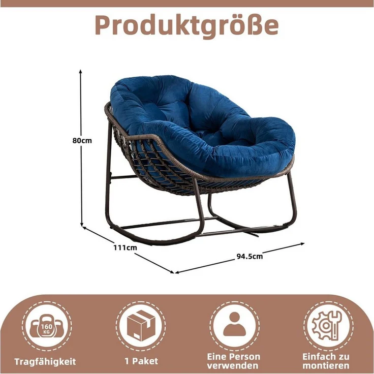 LVHOM Schaukelstuhl mit gepolstertem Kissen, Rattanstuhl mit Stahlrahmen, Lounge Sessel (Großformat B110.5cm x T94.5cm x H80cm,Dicke Kissen,160kg Tragfähigkeit, MEHRE FARBEN MEHRE OPTIONEN! Schaukelsessel umhüllendem Sitzgefühl & hoher Armlehne, 1 St),... – Bild 2