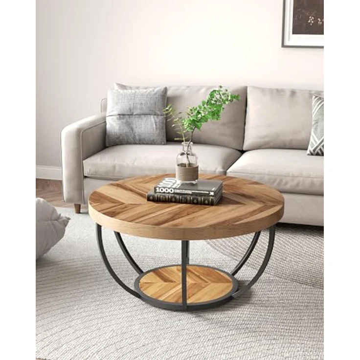 LITTLE TREE Runder Couchtisch, 81,3 cm, runder Couchtisch für Wohnzimmer, 2-stöckiger Holzakzent-Mitteltisch mit offenem Stauraum, Industrie-Design, Wohnmöbel (Holzmaserung und Schwarz) – Bild 3