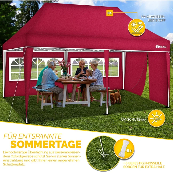tillvex Pavillon 3x6m - mit 3 Seitenwänden Rot wasserdicht | Pop-Up Faltpavillon höhenverstellbar | Gartenzelt UV Schutz 50+ | Partyzelt mit Tasche für Garten – Bild 7