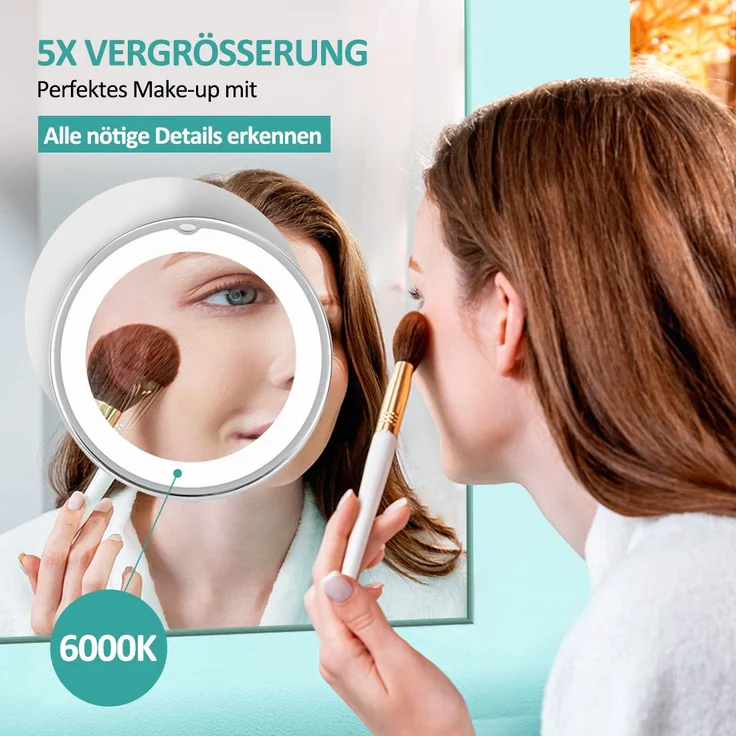 EMKE Kosmetikspiegel mit beleuchtung mit 5 fach Vergrößerungsspiegel, LED Schminkspiegel 360° Schwenkbar mit Saugnapf,175 mm Durchmesser Tragbarer Wandspiegel Batteriebetrieben（Weiß） – Bild 2