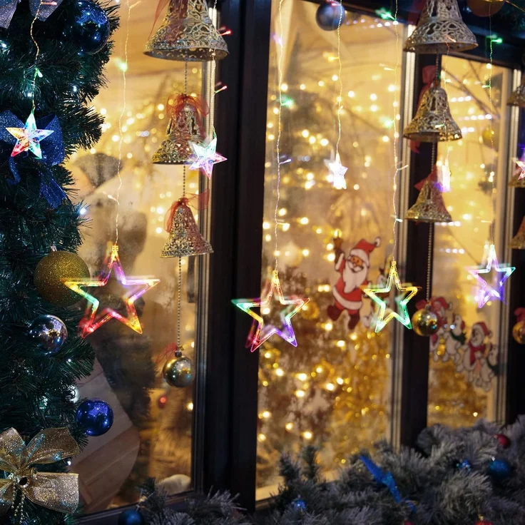 SALCAR 2m x 1m LED Lichtervorhang Fenster Weihnachten, 12er Sterne Lichterkette Innen Außen, Fensterbeleuchtung Hängend mit 8 Modi und Memory-Funktion, Bunt – Bild 5