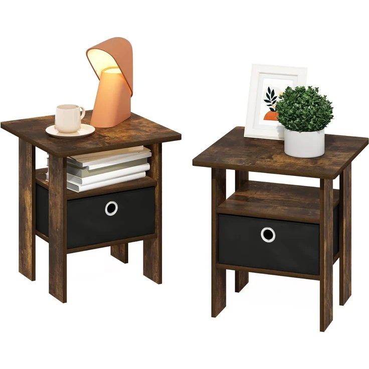 Furinno Andrey Beistelltisch mit Schublade, Bernsteinkiefer/Schwarz, 2er-Set – Bild 1