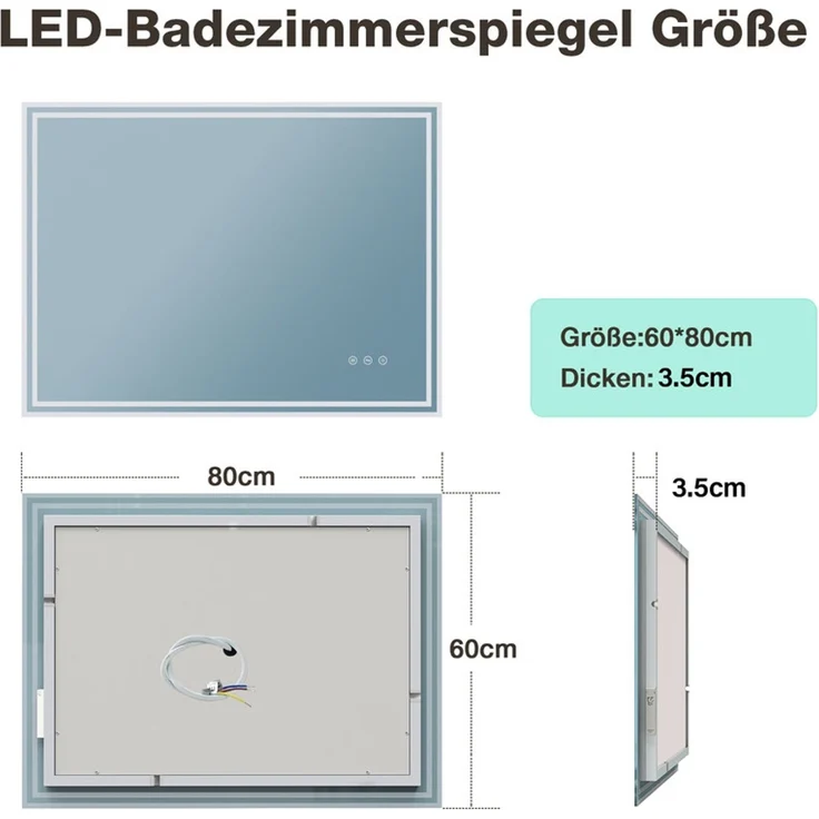 Gimbelen LED Badspiegel 80x60 cm, rechteckig, dimmbar mit 3 Lichtfarben & Anti-Beschlag, integrierte Steckdosen, explosionsgeschütztes Glas, IP44, für Badezimmer, Silber – Bild 7