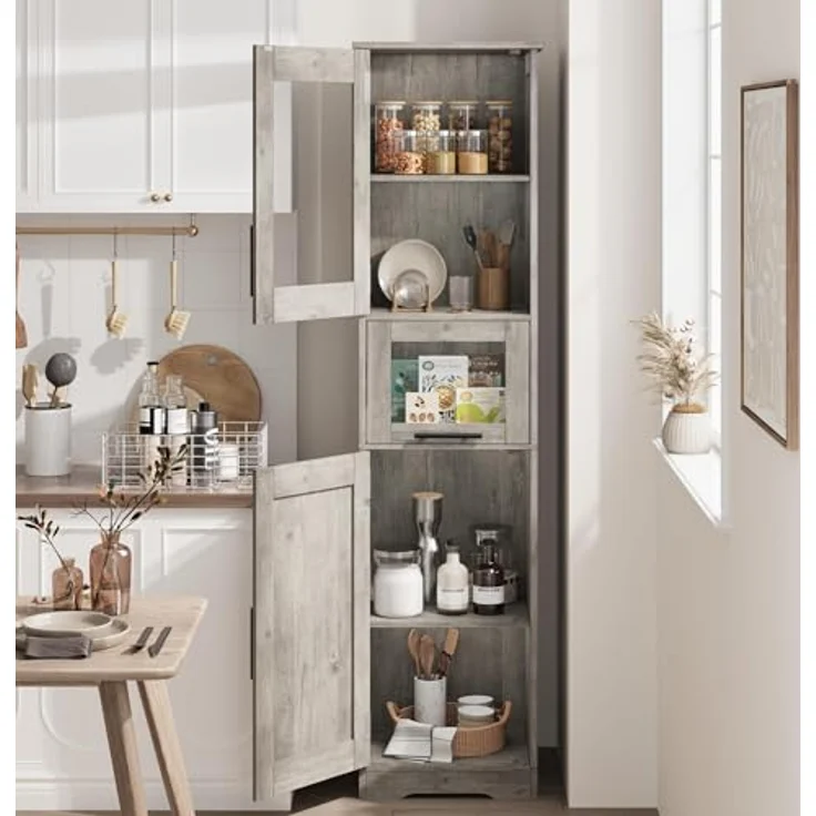 GarveeLife Badezimmerschrank Badschrank Hochschrank für Badezimmer Arbeitszimmer, Mehrzweckschrank Küchenschrank mit 2 Türen und 1 Schubladen Holz 40 x 31 x 170 cm, Grau – Bild 7