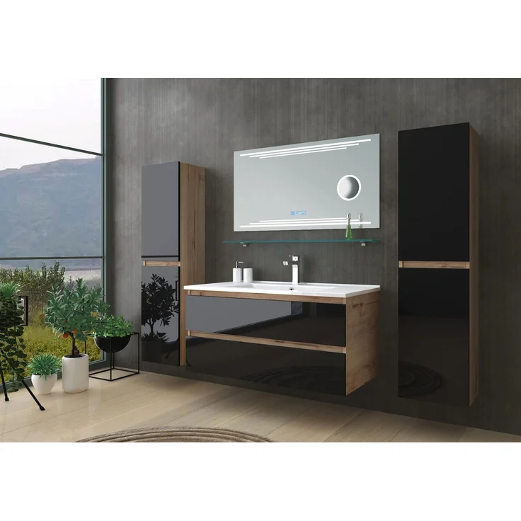 Homeline Badmöbel Set Eiche/Schwarz Kaiser Hochglanz 90cm Spiegel incl LED (90, 7, 3X Seitenschränke) – Bild 1