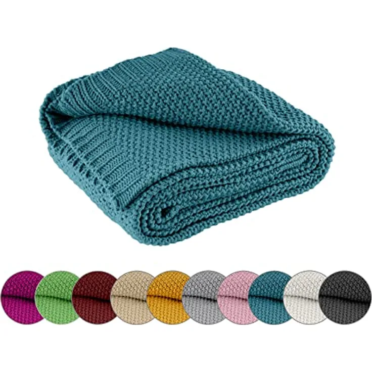 wometo Strickdecke, Türkis, 140x190 cm, Oeko-Tex® zertifiziert, pflegeleicht, hochwertige Grobstrick-Optik