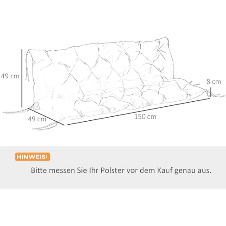 Outsunny Bankauflage 3 Sitzer, 150 x 98 x 8 cm, mit Bändern, Outdoor/Indoor, (Set, 1 St, 1 Sitzkissen), für Gartenmöbel, Fensterbank Sitzbank, Hollywoodschaukel, Rot – Bild 8