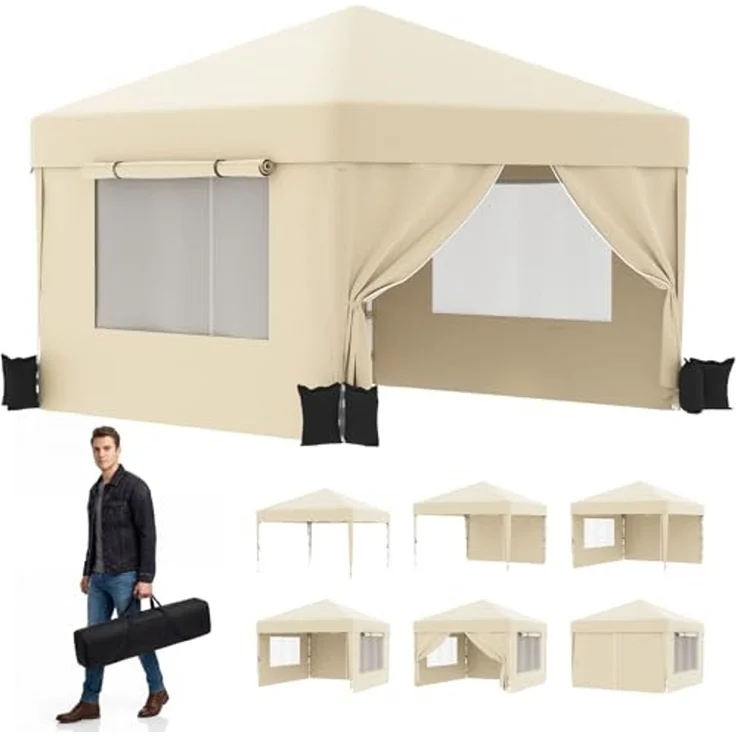JUMMICO 3x3 m Faltpavillon mit Insektenschutz & Belüftung｜Rollos + Lüftungsfenster｜1-Minuten Schnellaufbau｜10cm höhere Dachfläche,Beige – Bild 1