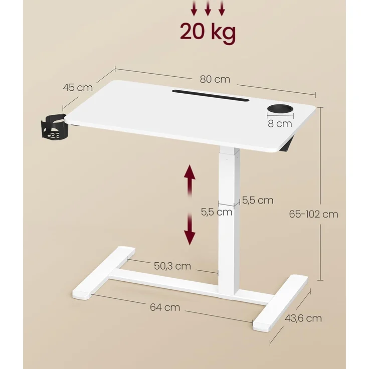 VASAGLE Beistelltisch mit Rollen, mobiler Stehtisch, 80 x 45 cm große Tischplatte, verstellbare Höhe, 2 Getränkehalter, Schlitz für Handy oder Tablet, wolkenweiß – Bild 6