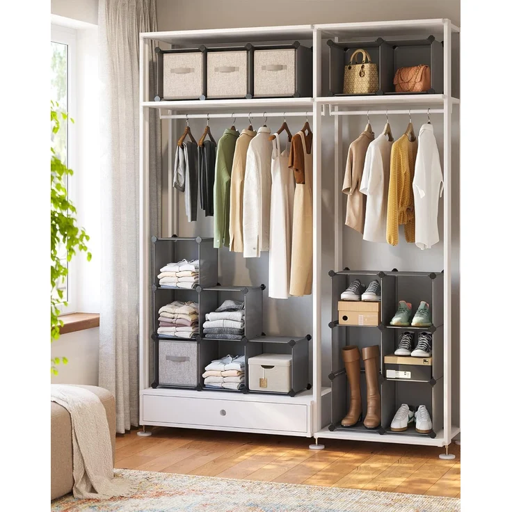 Songmics Schuhregal, Regalsystem, Steckregal, Set aus 16 Würfeln, DIY Regal, stapelbar, aus PP-Kunststoff, als Garderobe, für Schlafzimmer, Büro, 31 x 123 x 123 cm, grau LPC442G01 – Bild 4