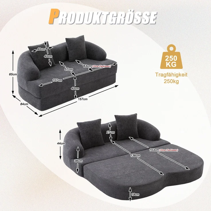 ZUBALIYA Schlafsofa 84x65 cm, mit LED - Beleuchtung, mit Chenille - Bezug, modular aufgebaut, mit Schaumstoffpolsterung, Dunkelgrau – Bild 6