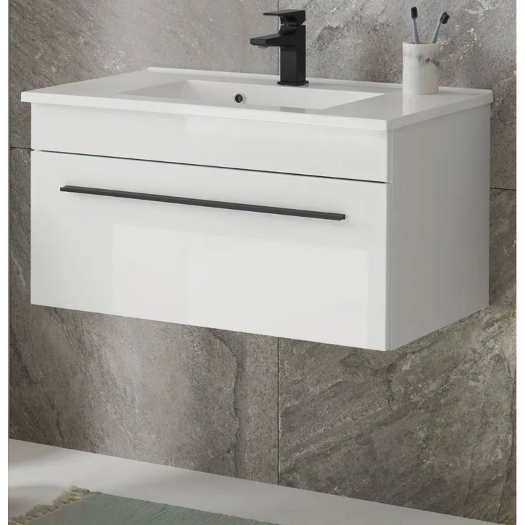 Waschbeckenunterschrank hängend mit Waschbecken Design-D in Hochglanz weiß 80 cm