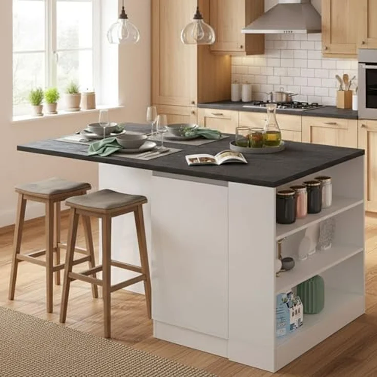 Dmora - Kücheninsel Osvaldo, Mehrzweckschrank, Küchenzeile Schrank, Zusätzlicher Tisch, 100% Made in Italy, 160 x 90 x 90 cm, glänzendes Weiß und Schiefer – Bild 2