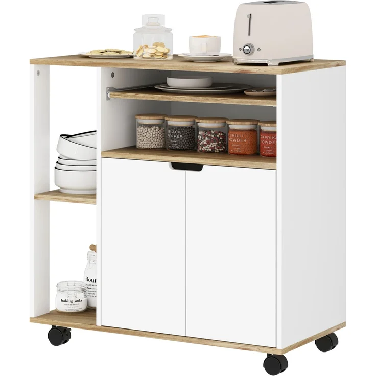 MELAYR, Rollender Küchenwagen mit Stauraum, Schrank, verstellbare Regale, für Küche, 80 x 40 x 82 cm, Naturholz+Weiß – Bild 2