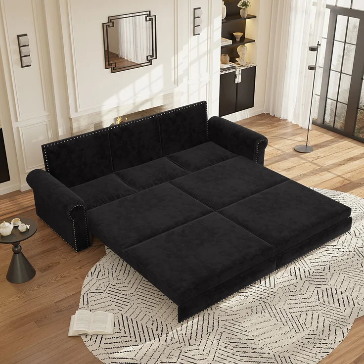 EINHOM 238 cm ausziehbares Schlafsofa, 3-in-1 umwandelbares Schlafsofa, mit Nagelkopfverzierung, Rollarmlehnen-Design, modernes Veloursstoff-3-Sitzer-Sofa, geeignet für Wohnzimmer oder Büro, Schwarz – Bild 5