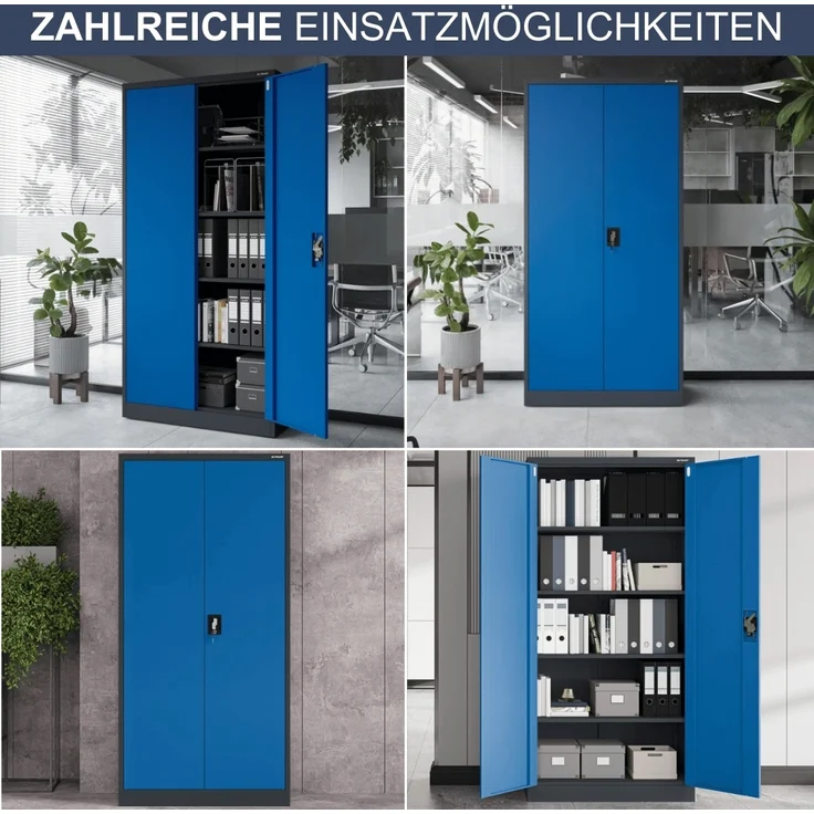 Aktenschrank abschließbar KADO - 5 Ebenen verstellbar, Flügeltüren | Metallschrank Werkstatt Mehrzweckschrank Büroschrank aus Stahl Werkzeugschrank, 195x90x40cm Anthrazit-Blau – Bild 6