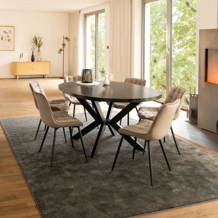 HOME DELUXE Essgruppe Rund Ausziehbar AVENTURA inkl. Sternfuß - 120-160 x 120 cm Dark Oak 6 Stühle Hellbraun – Bild 1