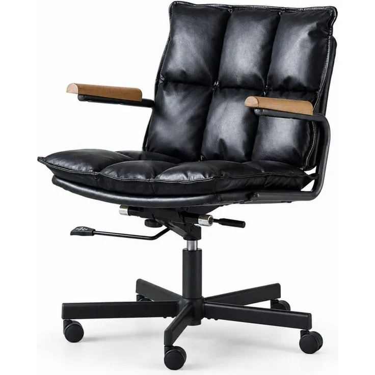 SeedWave Bürostuhl Höhenverstellbarer Drehstuhl mit Eichenholz-Armlehnen, 136kg belastbar, Industrial Design, Echtleder Schreibtischstuhl mit Wippfunktion