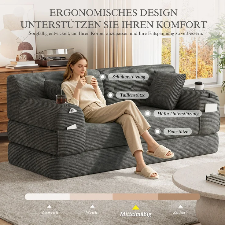 TavilaEcon 2-Sitzer Schlafsofa, komprimiertes Cord Sofa mit hoher Rückenlehne grau 81 × 80 × 168 cm (H × T × B) – Bild 6