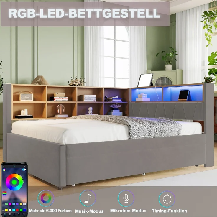 CHICFURN Bett aus Flanell Dunkelgrau 140x200 cm mit Ausziehbett 90x190 cm, LED-Beleuchtung und USB- und Type-C-Anschlüssen – Bild 4