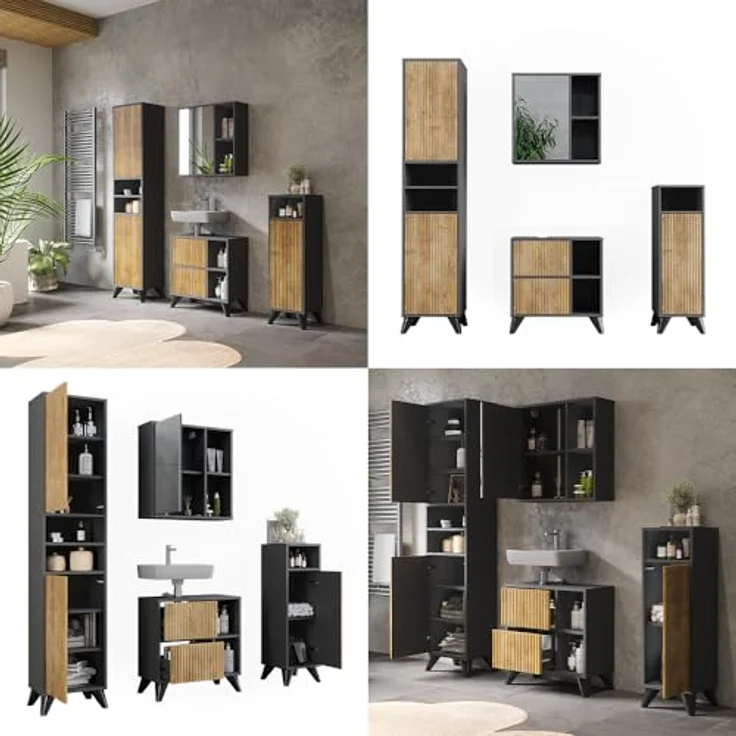 Vichy Badmöbelset Leano, Badezimmermöbel Set 4, Anthrazit/Bergeiche, mit Hochschrank, Badspiegelschrank und Waschbeckenunterschrank – Bild 8