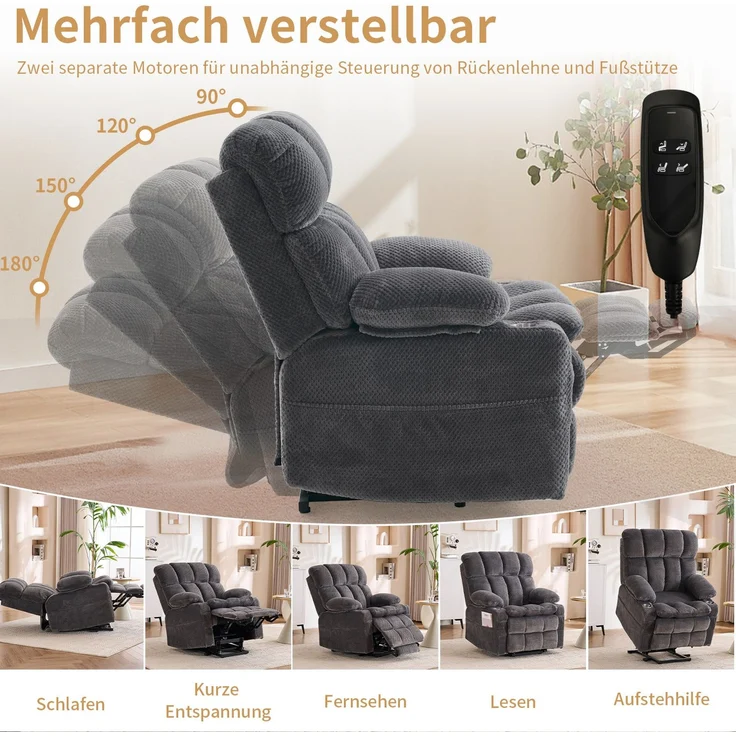 DESVIAE Sessel Grau aus Flanellstoff – 91x106,5x91 cm – Aufstehhilfe, Massagefunktion – Bild 4