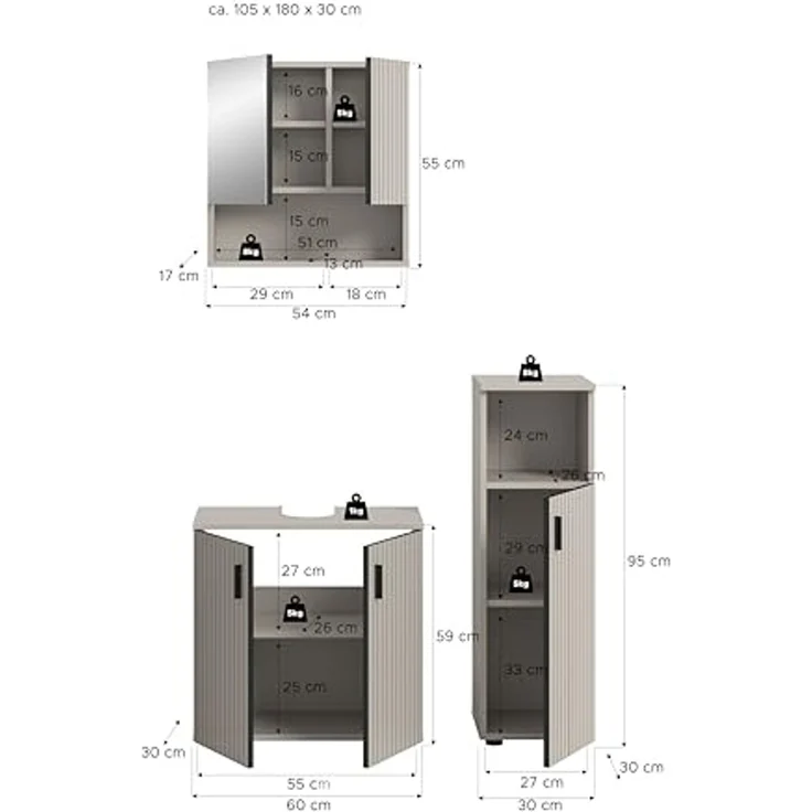 xonox. home – Badkombination Mone 105x180x30 cm in Kaschmir Nachbildung – 3-teiliges Set inkl. Waschbeckenunterschrank, Spiegelschrank & Badschrank – Stilvolle Einrichtungslösung mit kompakten Maßen – Bild 4