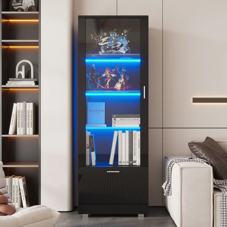 Schwarze Hochglanzvitrinen mit Acryltür, LED-beleuchtete Acryl-Vitrine, Vitrinen für Sammlerstücke, Parfümschränke, Bücherregale und Acryl-Vitrine mit schwarzen Hochglanztüren (3 Fachböden)--Schwarz--40x50x160cm--YOUDENOVA – Bild 6