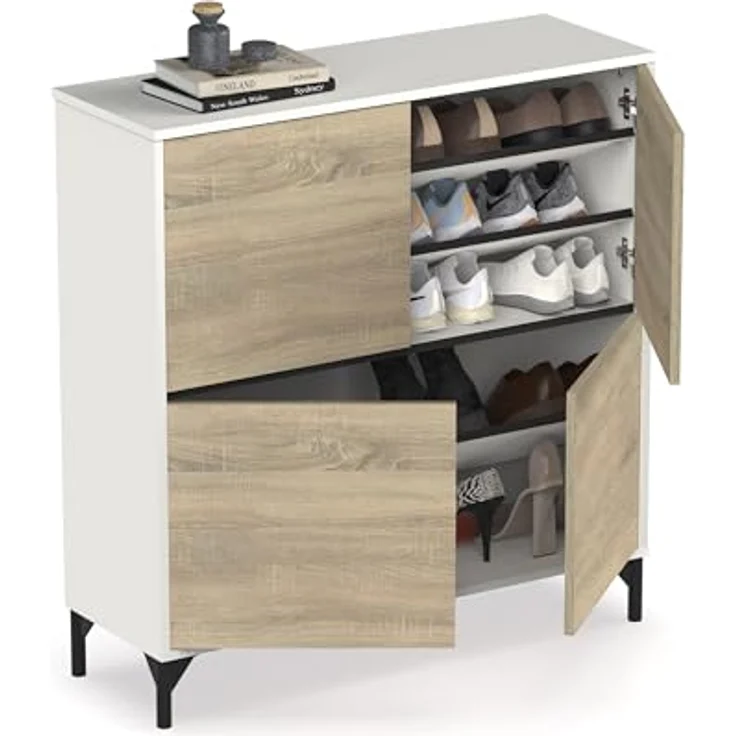 Muebles Pitarch | Eingangsschuhkipper mit Beinen, 4 Türen, Weiß und Eiche Cambrian, 20 Paar große Schuhe, 96,5x101x33 cm, Modern, Industrial, Modell Tokio – Bild 6
