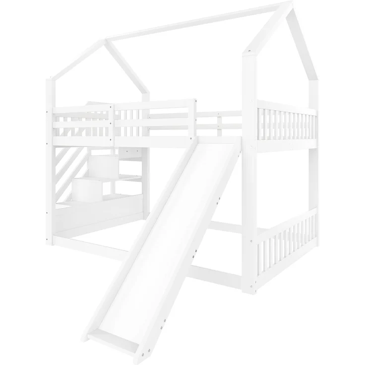 Etagenbett mit Stauraumtreppe und Rutsche, Hausbett(Ohne Matratze), Kinderbett mit Geländer,geeignet für Kinder, Jugendliche, 140x200 cm, Weiß – Bild 10