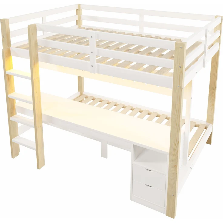 Merax Etagenbett, 90x200 cm & 140x200 cm, mit Schubladen und Schreibtisch, inklusive LED-Lichtleiste, (Keine Stühle), Natur – Bild 9