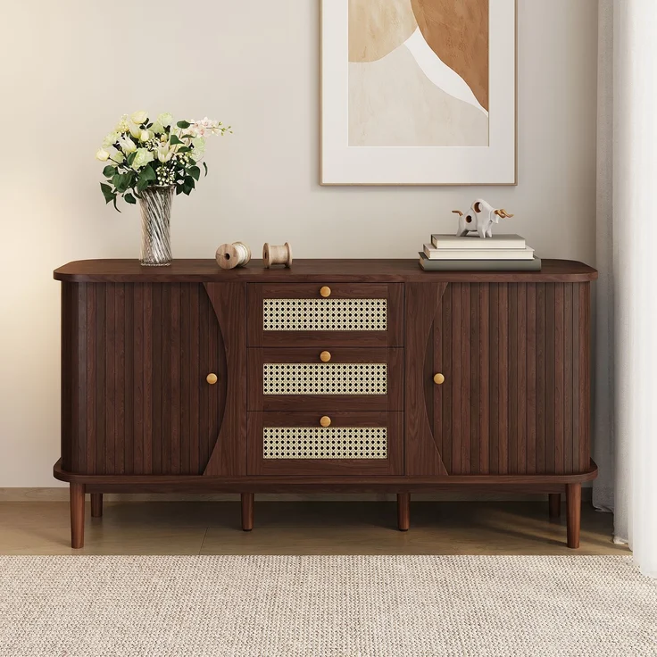 Merax Sideboard, Rattankommode, Kommode mit Schiebetüren, verstellbaren Einlegeböden und abgerundeter Platte, Walnuss – Bild 3
