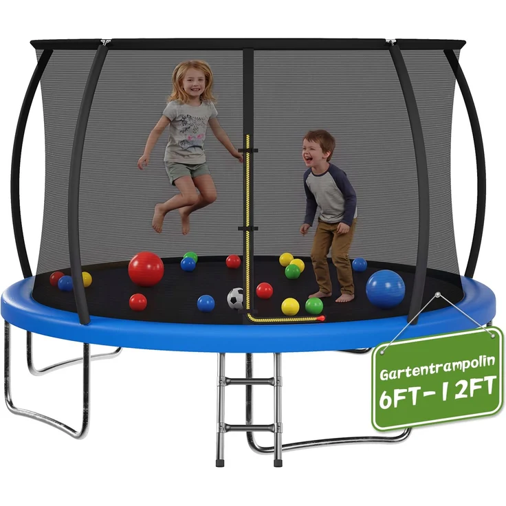 Devoko Gartentrampolin mit Sicherheitsnetz, Leiter, Randabdeckung, Stahlrahmen, Blau, Ø 360 cm – Bild 4