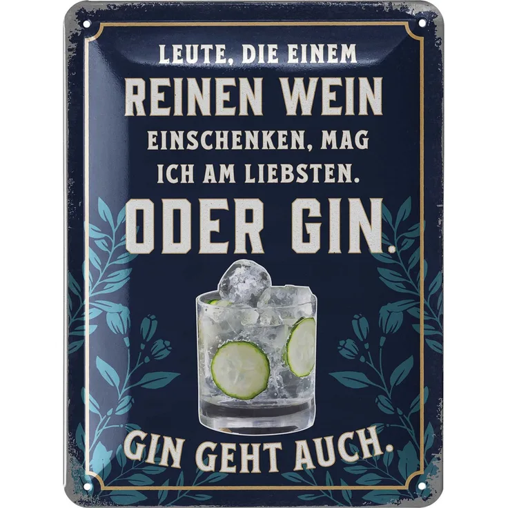 LANOLU Blechschild Reinen Wein oder Gin - 15x20cm – Metall – Blau – 15141