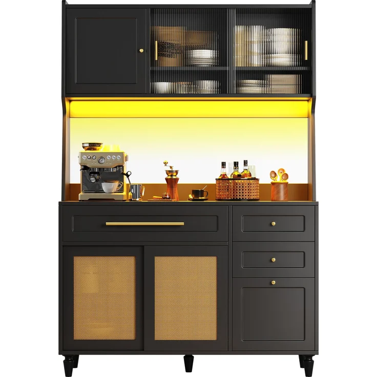 Küchenschrank, Hochschrank,Vitrinenschrank, Buffetschrank mit Verstellbaren Ablagen, Esszimmerschrank mit 3 Schubladen,Sideboard mit LED-Beleuchtung, PE-rattan, schwarz--Schwarz--120x45x195.5cm--YOUDENOVA – Bild 9