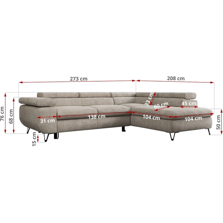 Mks Möbel 'Peter L-form' Ecksofa mit Bettfunktion, Bettkasten & einstellbaren Kopfstützen, Beige, Stoff, mit Topper, rechts – Bild 7