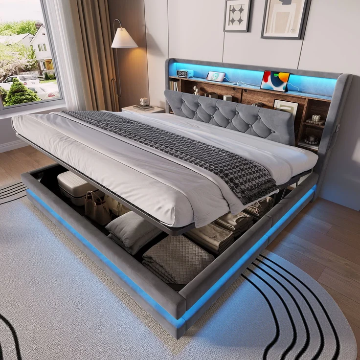 TavilaEcon Boxspringbett Samtbett, Polsterbett mit LED-Beleuchtung & USB-Ladefunktion grau Liegefläche 160 × 200 cm – Bild 1