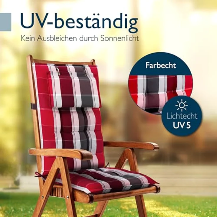 Beautissu Hochlehnerauflage 2er Set Sun-HL, 120x50x8cm, Rot-Anthrazit-Gestreift, mit Kopfpolster, rutschfest und robust, UV 5 Schutz – Bild 7
