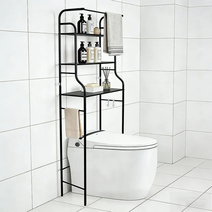 JEOBEST Badregal Toilettenregal mit 3 Ablagen, Platzsparend mit Haken 47 x 25 x 160 cm, 1-tlg, Toilettenregal, Badezimmerregal, Handtuchhalter – Bild 2