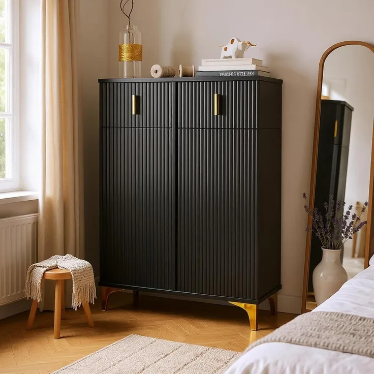 FurnitureR Schwarz Kleiderschrank, Moderner Stil, Holzwerkstoff, Kompakter Stauraum, Stilvolles Design mit Rillenoptik