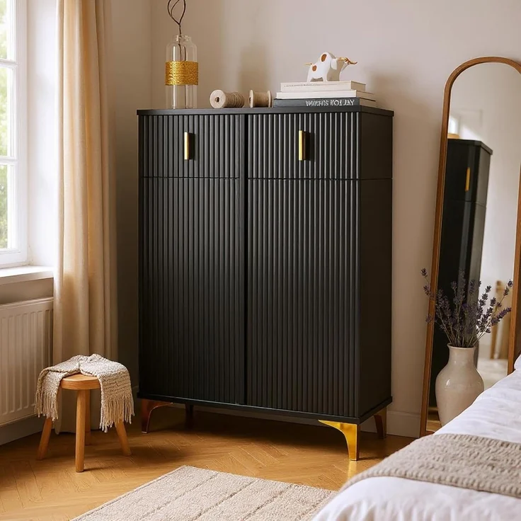 FurnitureR Schwarz Kleiderschrank, Moderner Stil, Holzwerkstoff, Kompakter Stauraum, Stilvolles Design mit Rillenoptik – Bild 1
