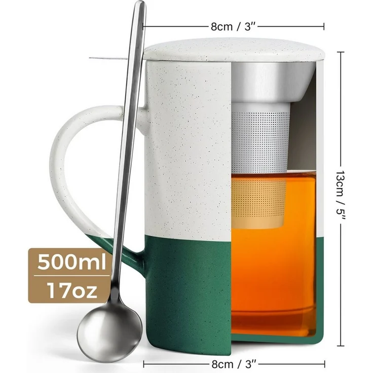 MiaMio Tasse für losen Tee mit Siebeinsatz und Deckel, Dunkelgrün, 2-tlg, Keramik, 500 ml je Tasse – Bild 4