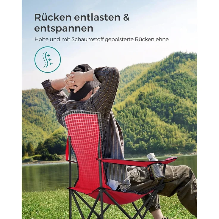 SONGMICS Campingstuhl, klappbar, Klappstuhl, bequemer mit Schaumstoff gepolsterter Sitz, mit Flaschenhalter, hoch belastbar, max. Belastbarkeit 250 kg, Outdoor Stuhl, rot GCB06BK – Bild 4