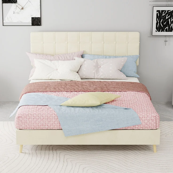 Novelux Polsterbett 140x200 cm mit Kariertem Kopfteil & Holzfüßen – Modernes Doppelbett aus Verschleißfestem Stoff, Massivholzrahmen, für Schlafzimmer, Beige – Bild 9