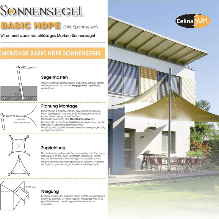 CelinaSun Sonnensegel HDPE BASIC Sonnenschutz atmungsaktiv Quadrat 2x2 m cremeweiß – Bild 6